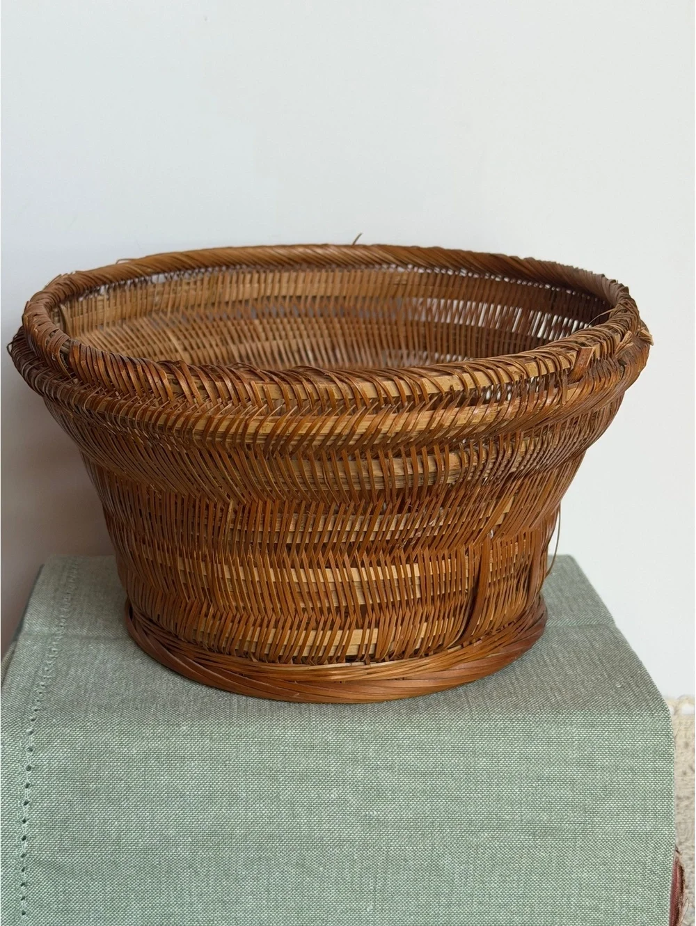 Vintage Chinese Handwoven Bamboo Rattan Basket Kagome Weave Mid Century Decor
